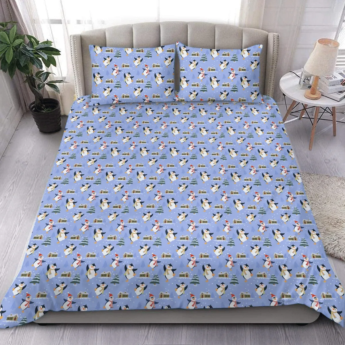 Christmas Festive Cute Penguin Playing On Snow Duvet Cover Bedding Set Bedroom Decor