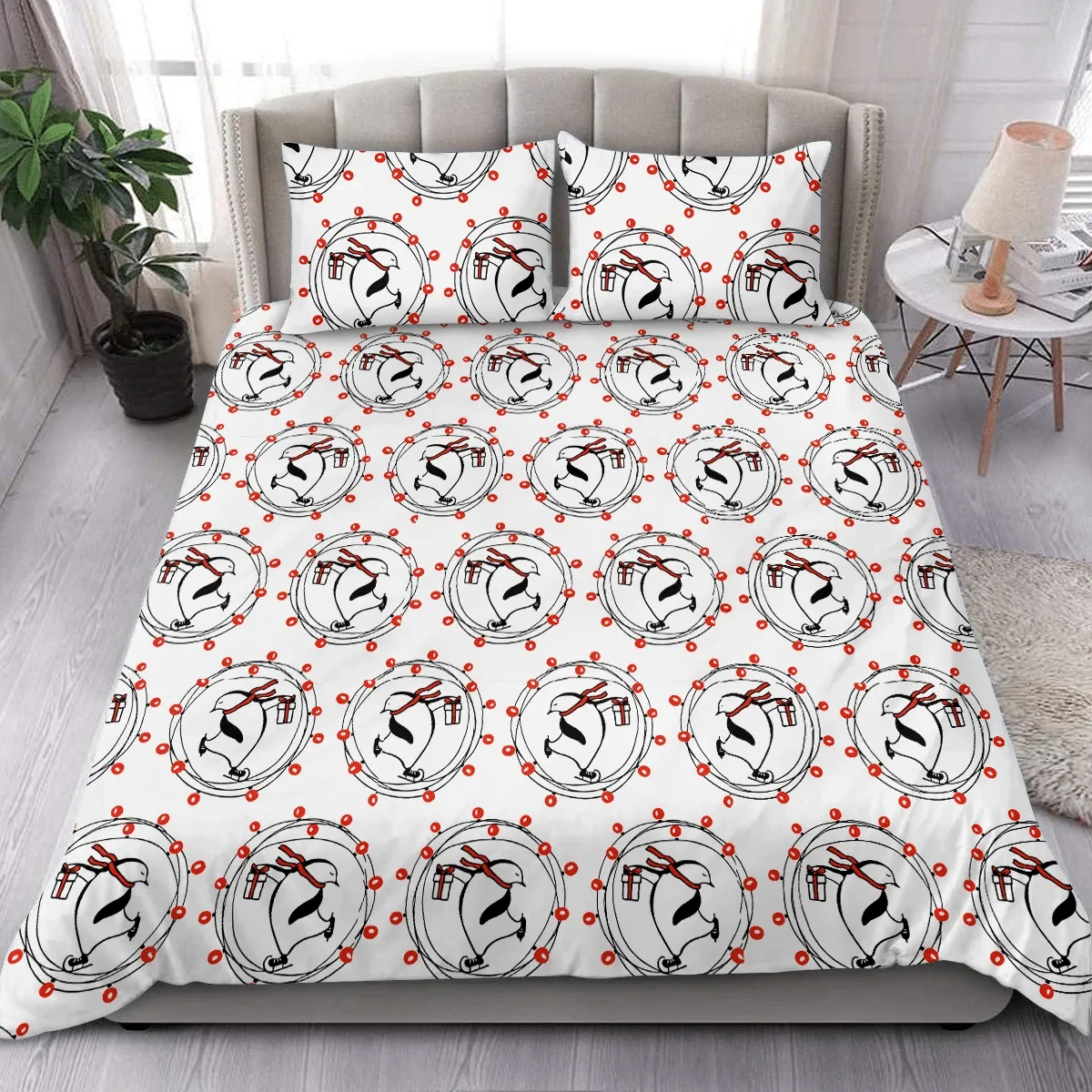 Christmas Festive Penguins In Red Garlands Duvet Cover Bedding Set Bedroom Decor
