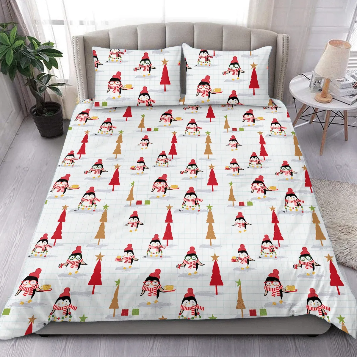 Christmas Festive Penguins In Snow And Winter Scene Duvet Cover Bedding Set Bedroom Decor