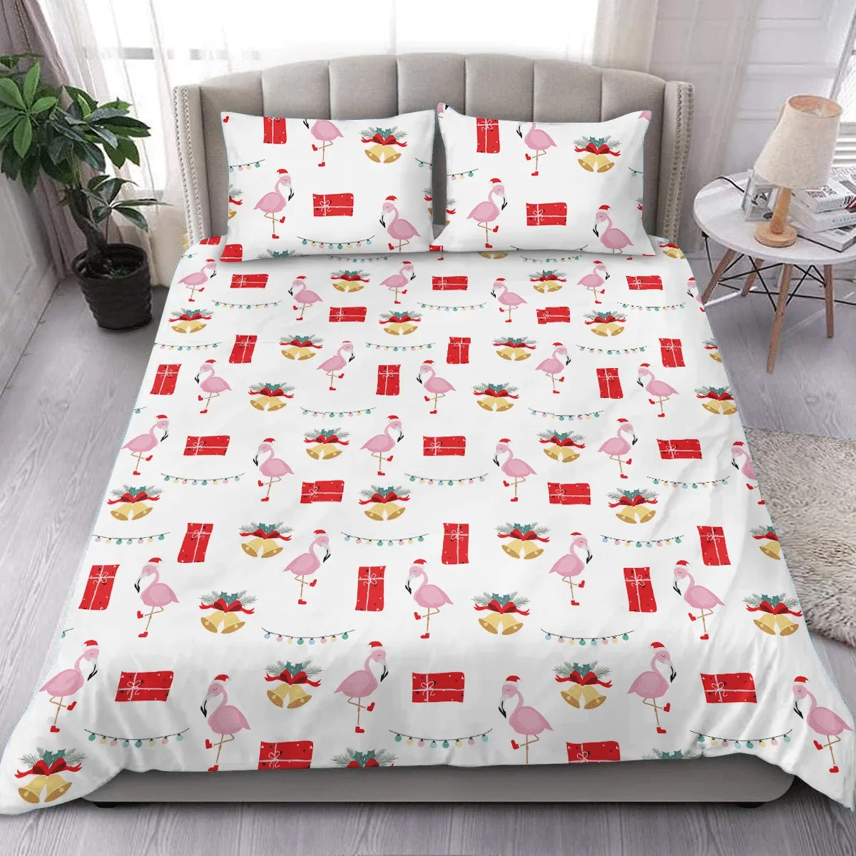 Christmas Flamingo Gift Box Bell And Light Duvet Cover Bedding Set Bedroom Decor
