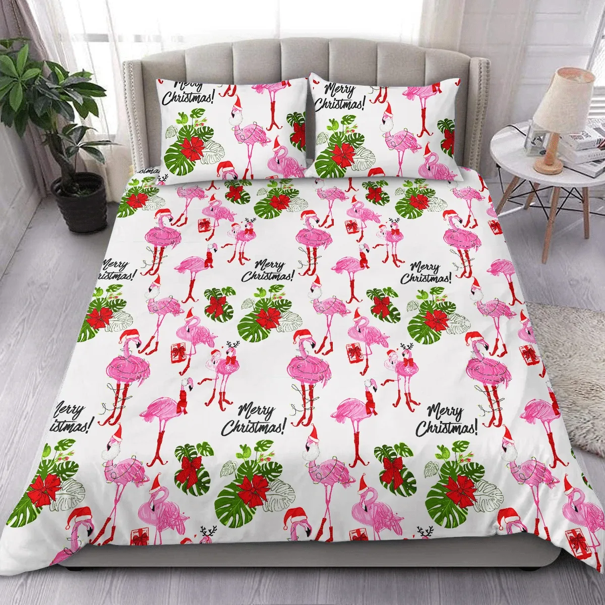 Christmas Flamingo Tropics Duvet Cover Bedding Set Bedroom Decor