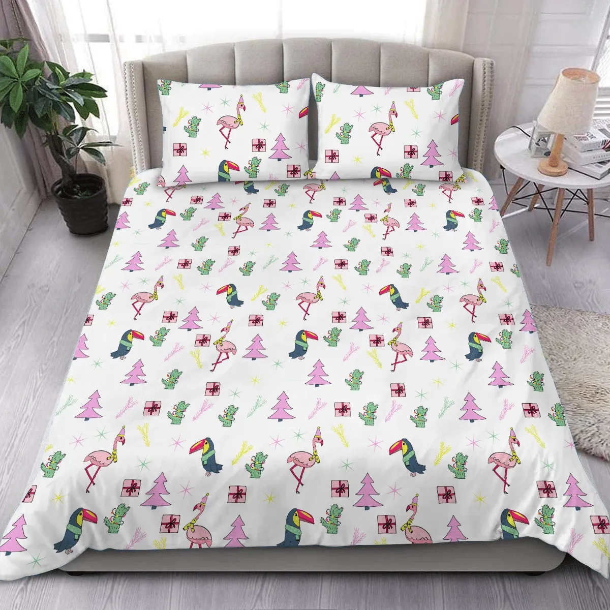 Christmas Flamingos Toucans Duvet Cover Bedding Set Bedroom Decor