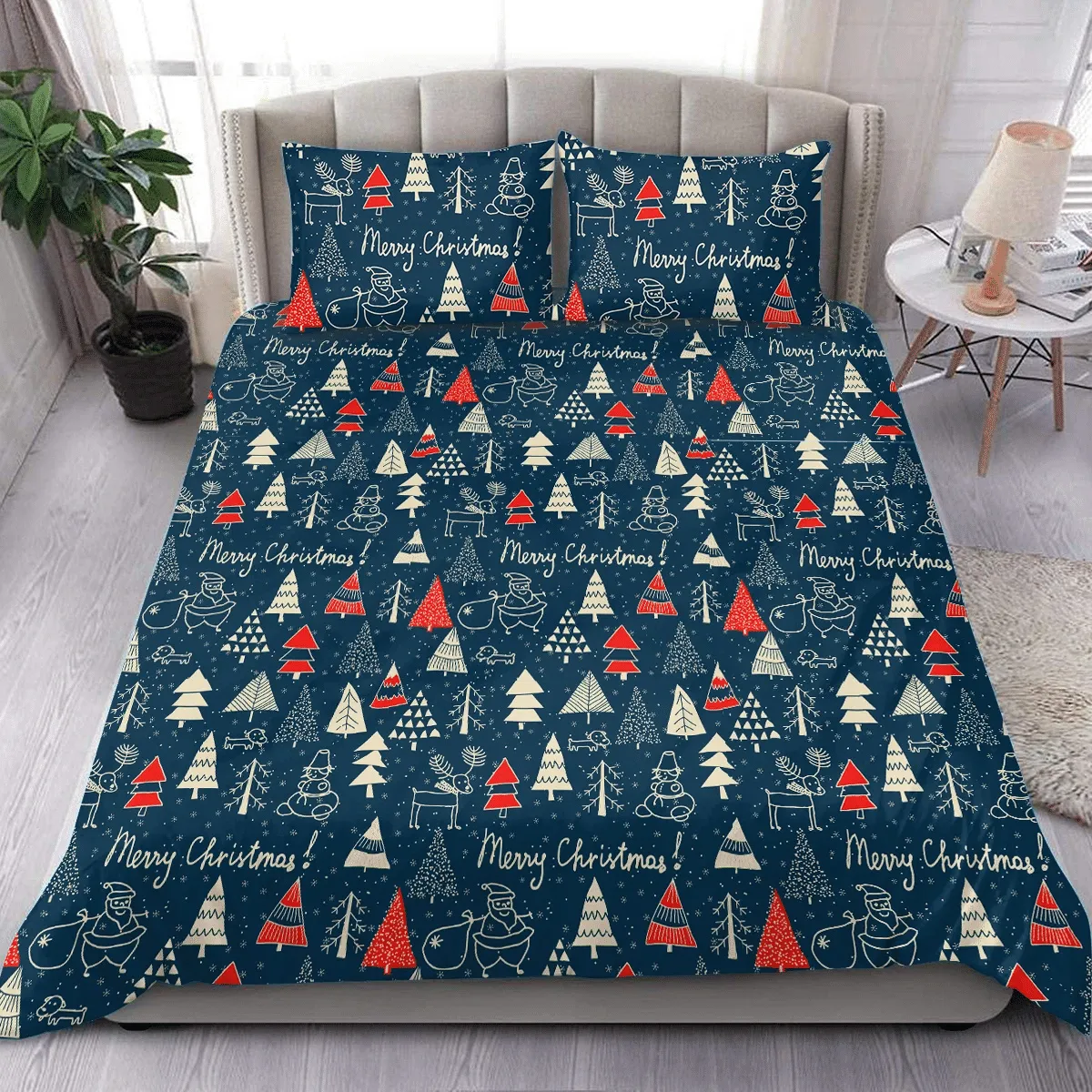 Christmas Forest Santa Reindeer Duvet Cover Bedding Set Bedroom Decor