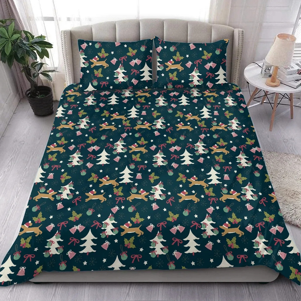 Christmas Funny Dachshund Wearing Santa's Hat Duvet Cover Bedding Set Bedroom Decor