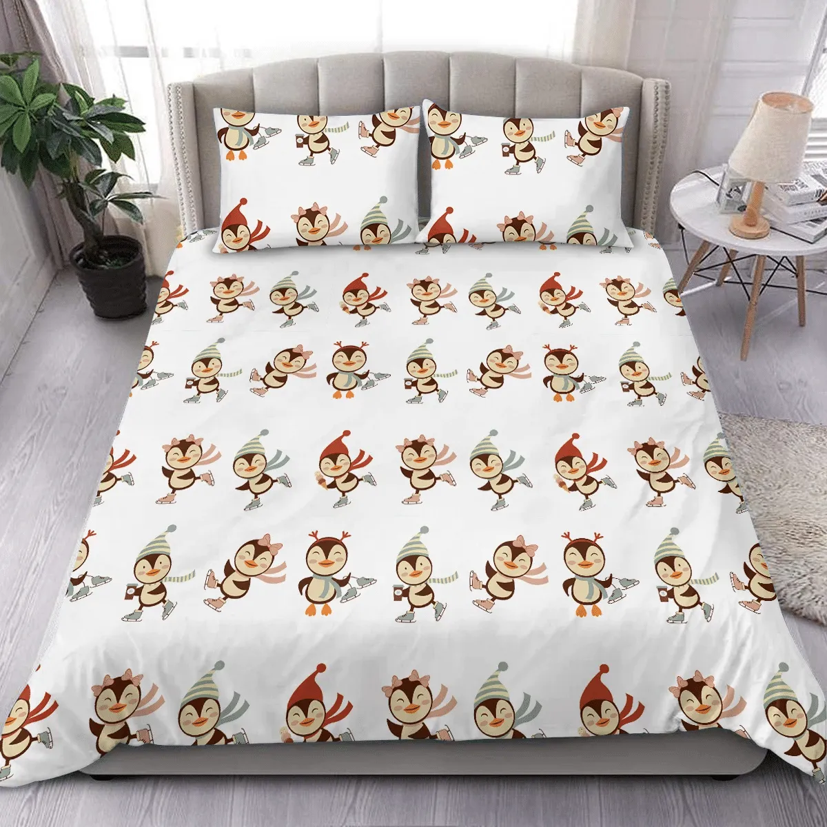 Christmas Funny Ice Skating Penguins On White Duvet Cover Bedding Set Bedroom Decor