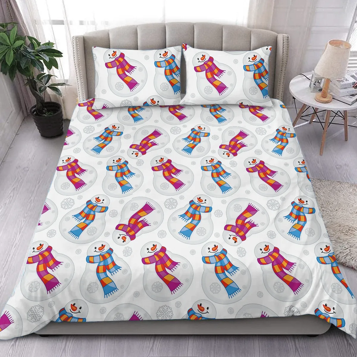 Christmas Funny Snowman With Colorful Scarf Duvet Cover Bedding Set Bedroom Decor