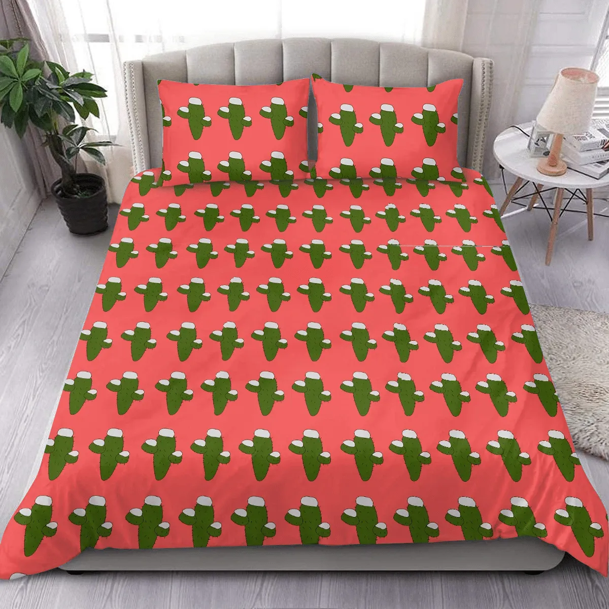 Christmas Green Cactus In Snow Winter Duvet Cover Bedding Set Bedroom Decor