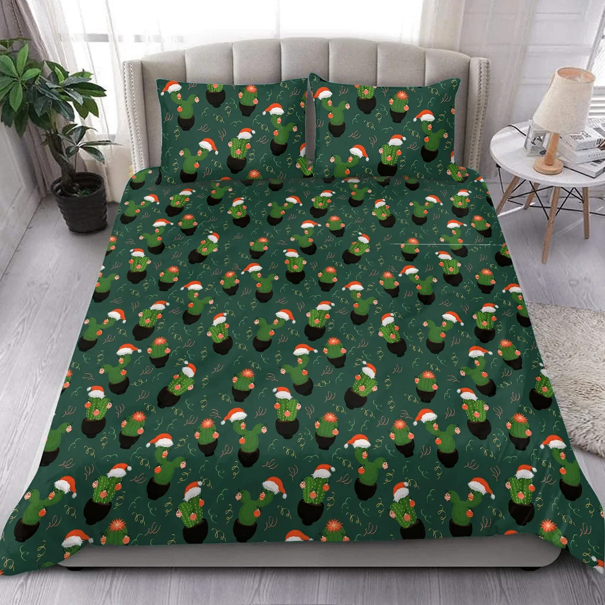 Christmas Green Cactus With Garlands And Balls Duvet Cover Bedding Set Bedroom Decor