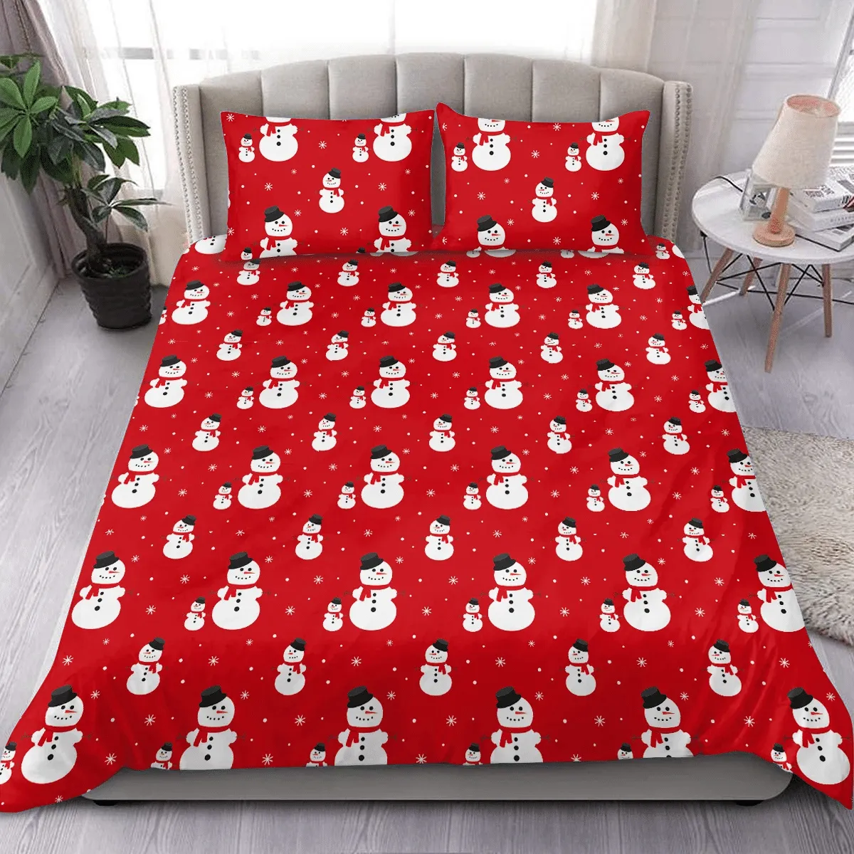 Christmas Happy Snowman On Red Background Duvet Cover Bedding Set Bedroom Decor