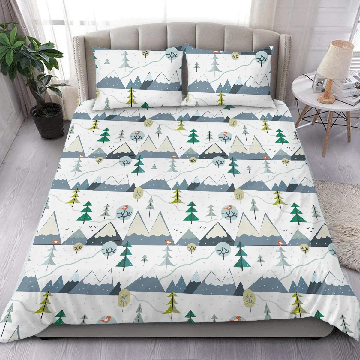 Christmas Mountains At Winter Season Geometric Background Duvet Cover Bedding Set Bedroom Decor