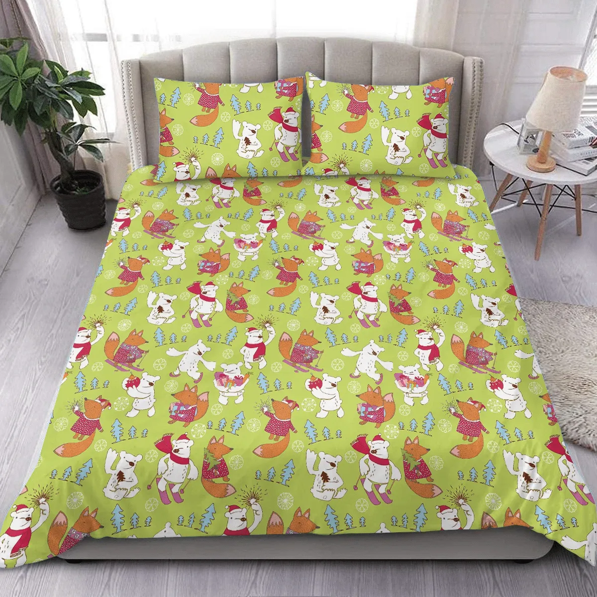 Christmas New Year Cartoon Fox And Bear Duvet Cover Bedding Set Bedroom Decor
