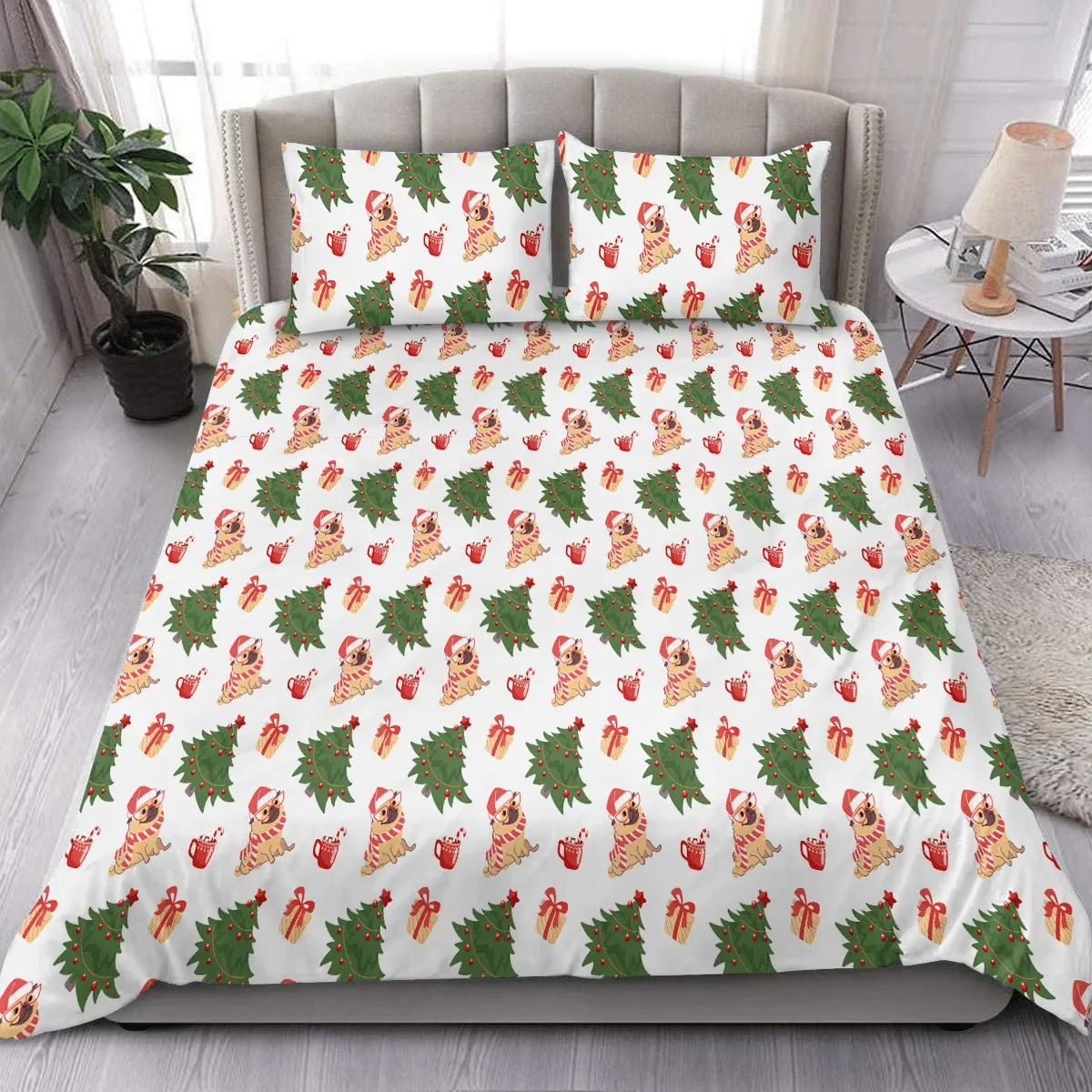 Christmas Pug Pattern Duvet Cover Bedding Set Bedroom Decor