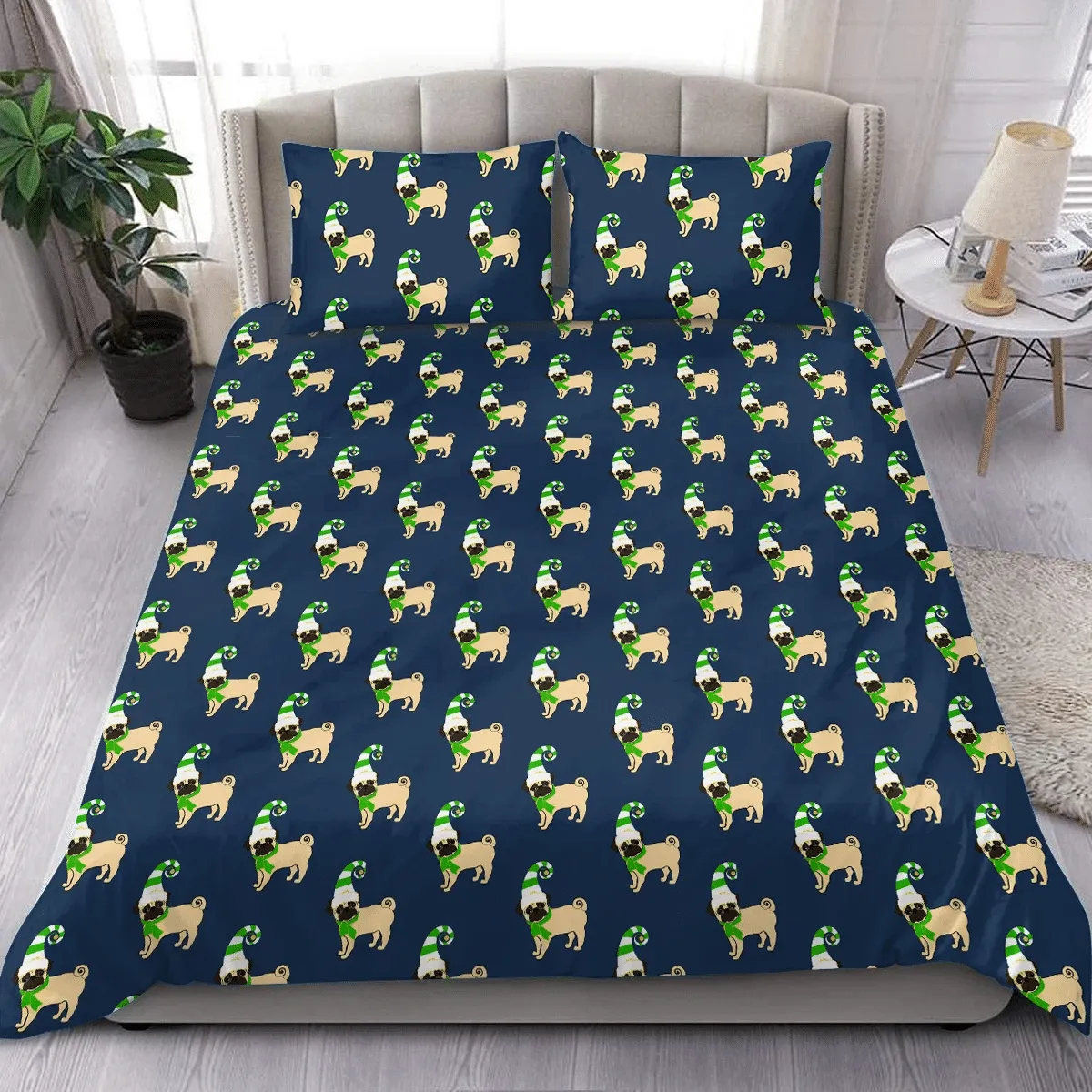 Christmas Pug Pattern Duvet Cover Bedding Set Bedroom Decor