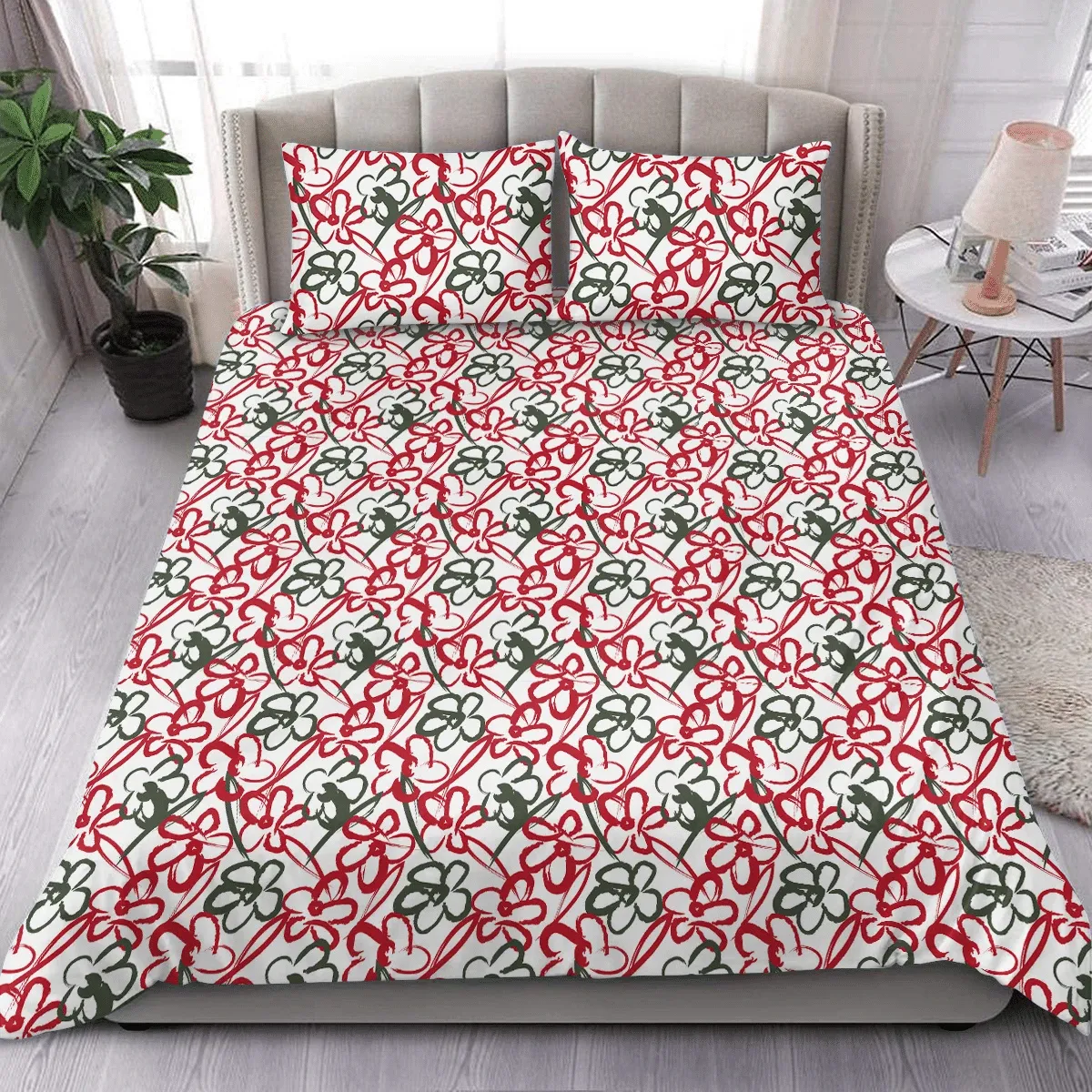 Christmas Red And Green Floral Brush Strokes Duvet Cover Bedding Set Bedroom Decor