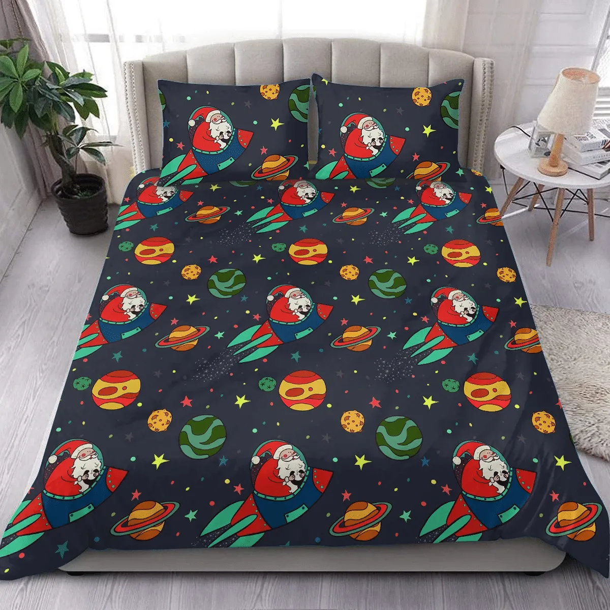 Christmas Santa In Space Claus Duvet Cover Bedding Set Bedroom Decor
