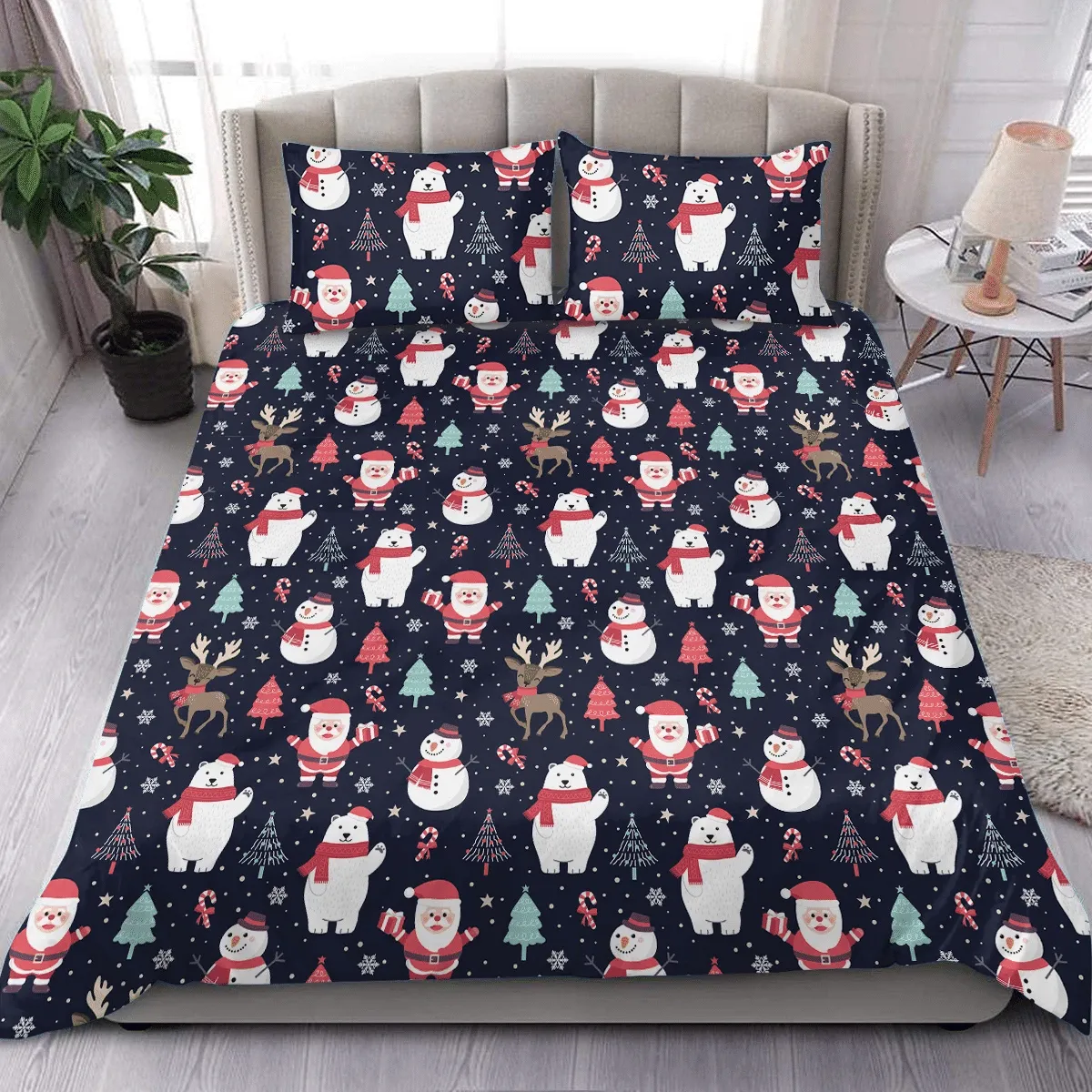 Christmas Snowman Santa Claus And Polar Bear Duvet Cover Bedding Set Bedroom Decor