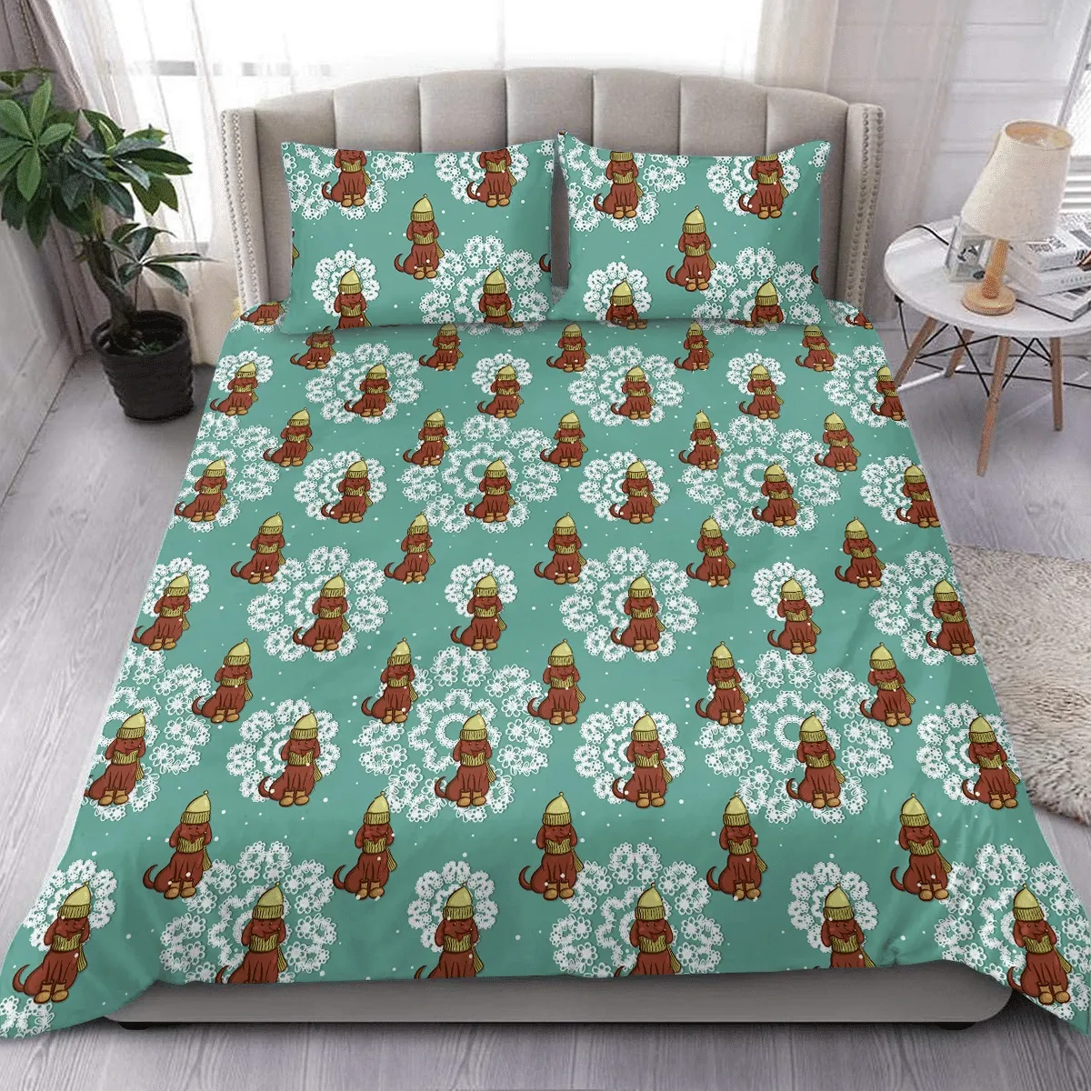Christmas Time Dachshund And Snowflakes On Green Duvet Cover Bedding Set Bedroom Decor