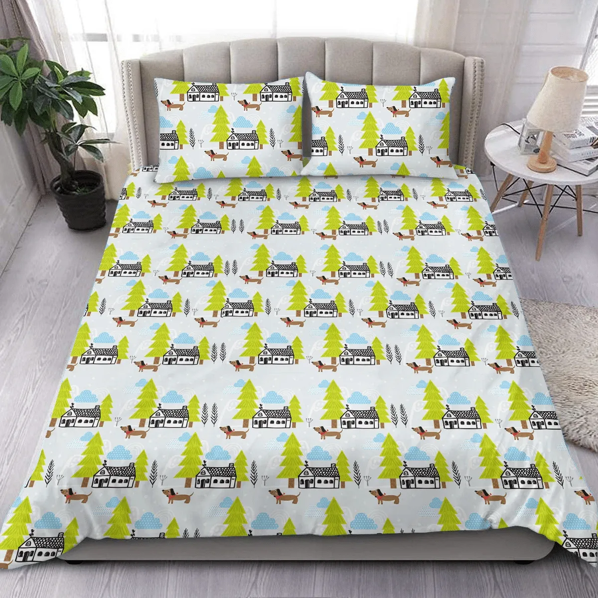 Christmas Time Dachshund With Little Home Duvet Cover Bedding Set Bedroom Decor