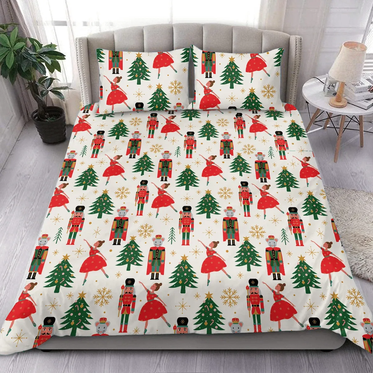 Christmas Tree Pattern With Ballerina Nutcracker And Mouse King Duvet Cover Bedding Set Bedroom Decor