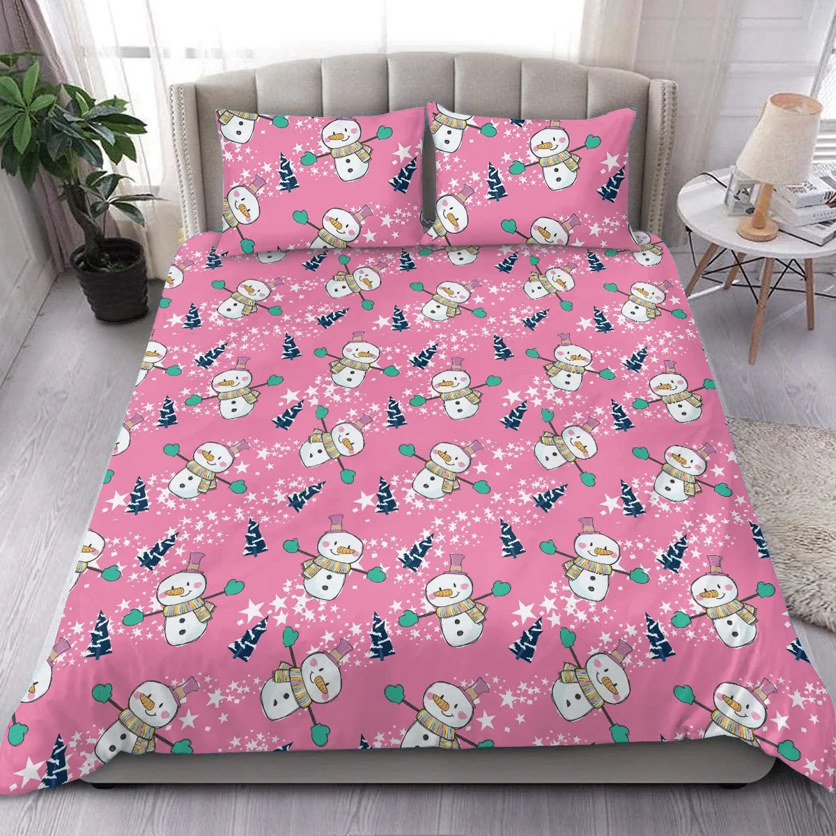 Christmas Tree With Snowman In Scarf And Gloves Duvet Cover Bedding Set Bedroom Decor