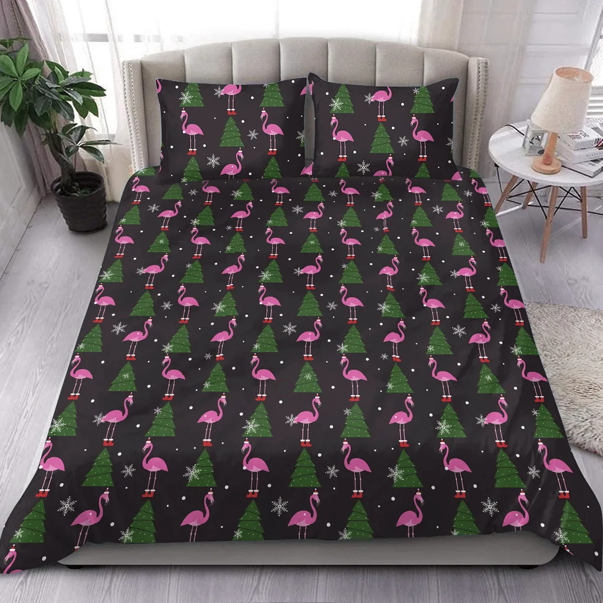 Christmas Trees With Flamingo Duvet Cover Bedding Set Bedroom Decor