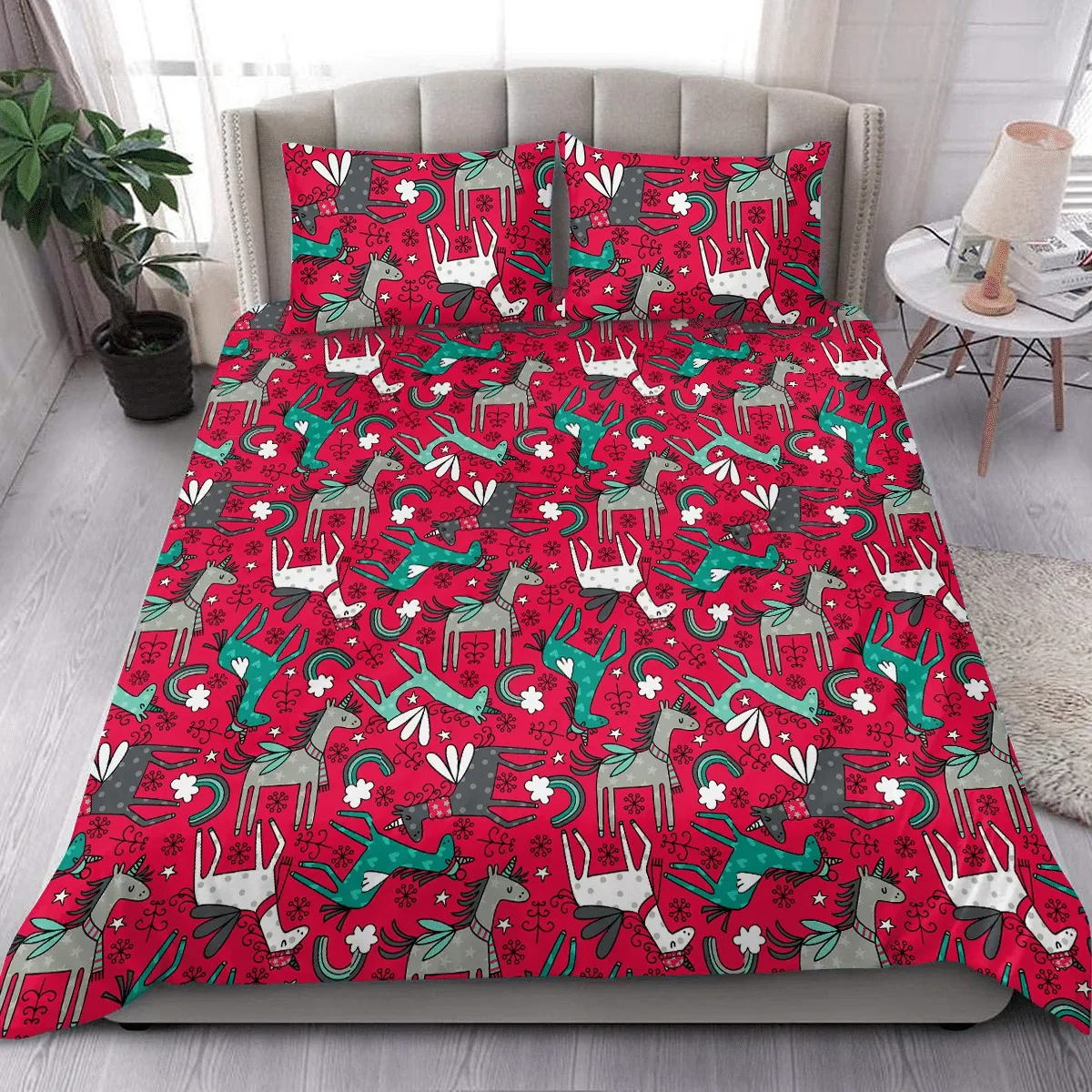 Christmas Unicorn Patten Duvet Cover Bedding Set Bedroom Decor