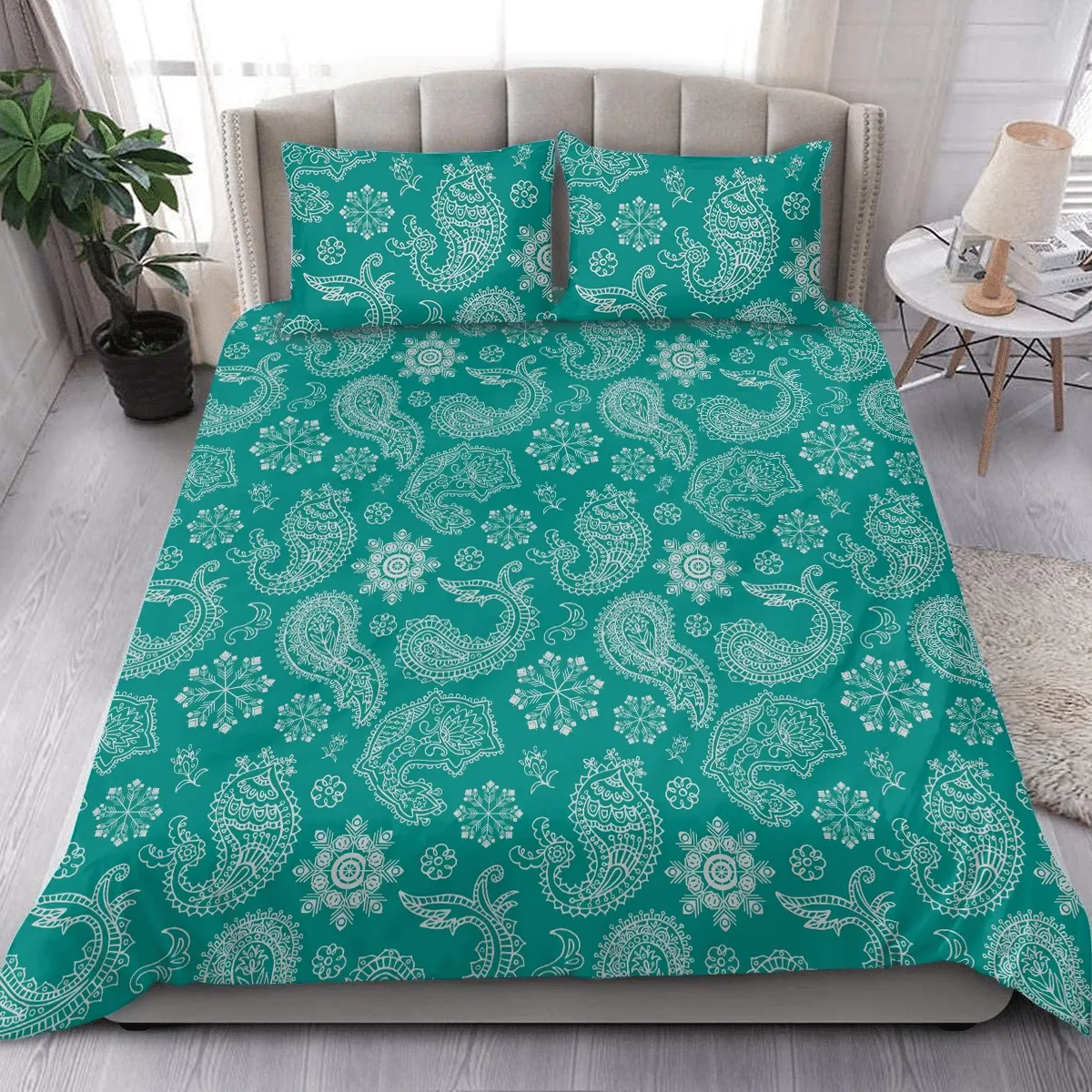 Christmas White Paisley Snowflakes And Floral Background Duvet Cover Bedding Set Bedroom Decor