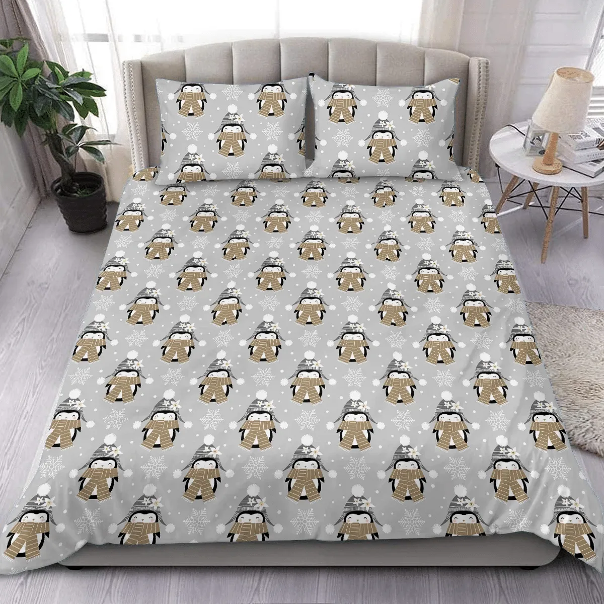 Christmas Winter Cute Penguin Girls And Snowflakes On Grey Duvet Cover Bedding Set Bedroom Decor
