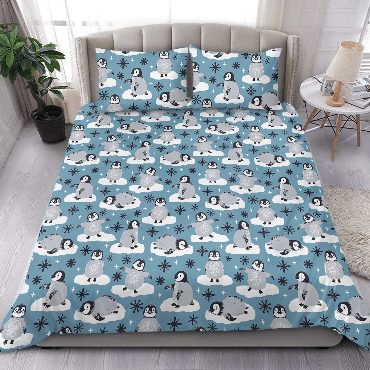 Christmas Winter Cute Penguins And Snowflakes Duvet Cover Bedding Set Bedroom Decor