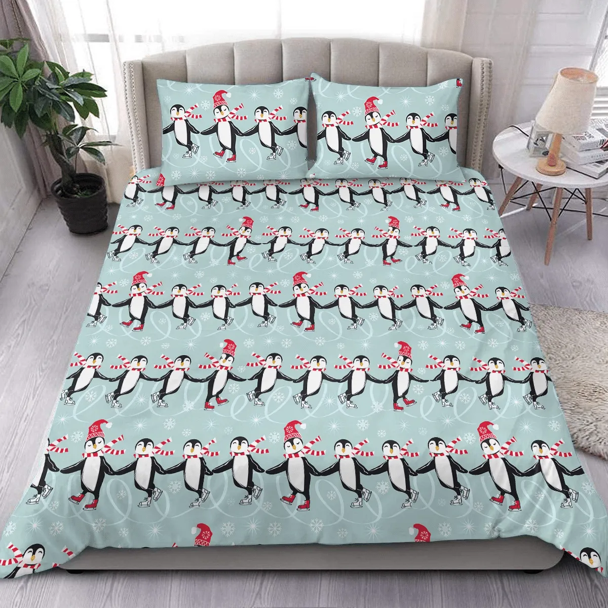 Christmas Winter Funny Penguins Skating On Ice Duvet Cover Bedding Set Bedroom Decor