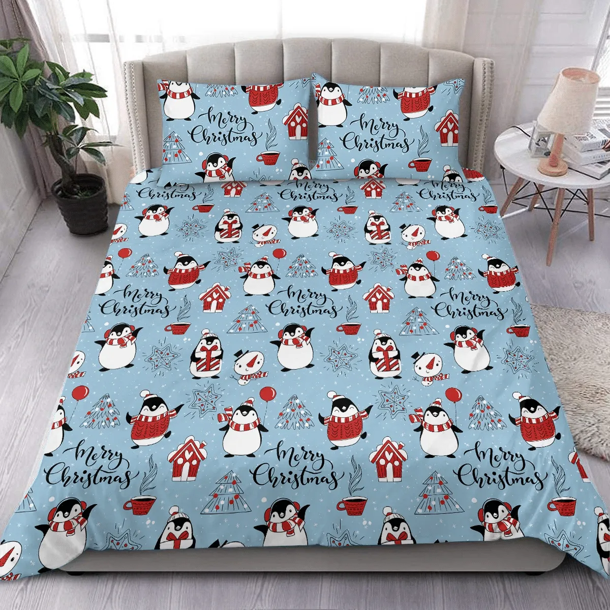 Christmas Winter Holidays Funny Snowmen And Penguins Duvet Cover Bedding Set Bedroom Decor