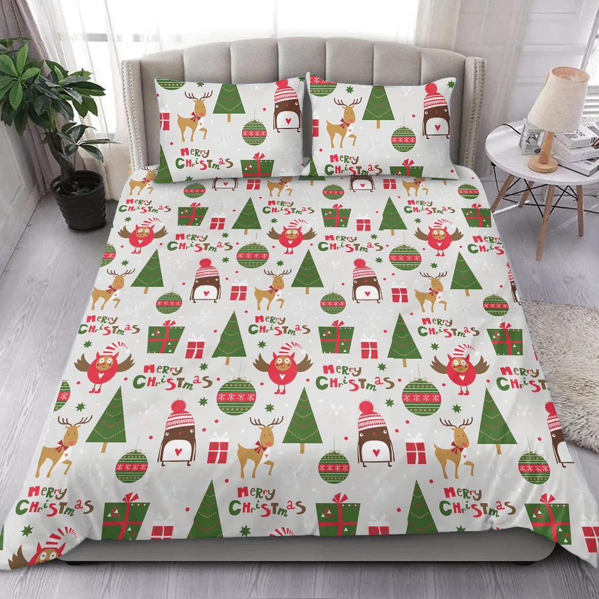 Christmas Winter Holidays Penguins With Owl And Deer Duvet Cover Bedding Set Bedroom Decor