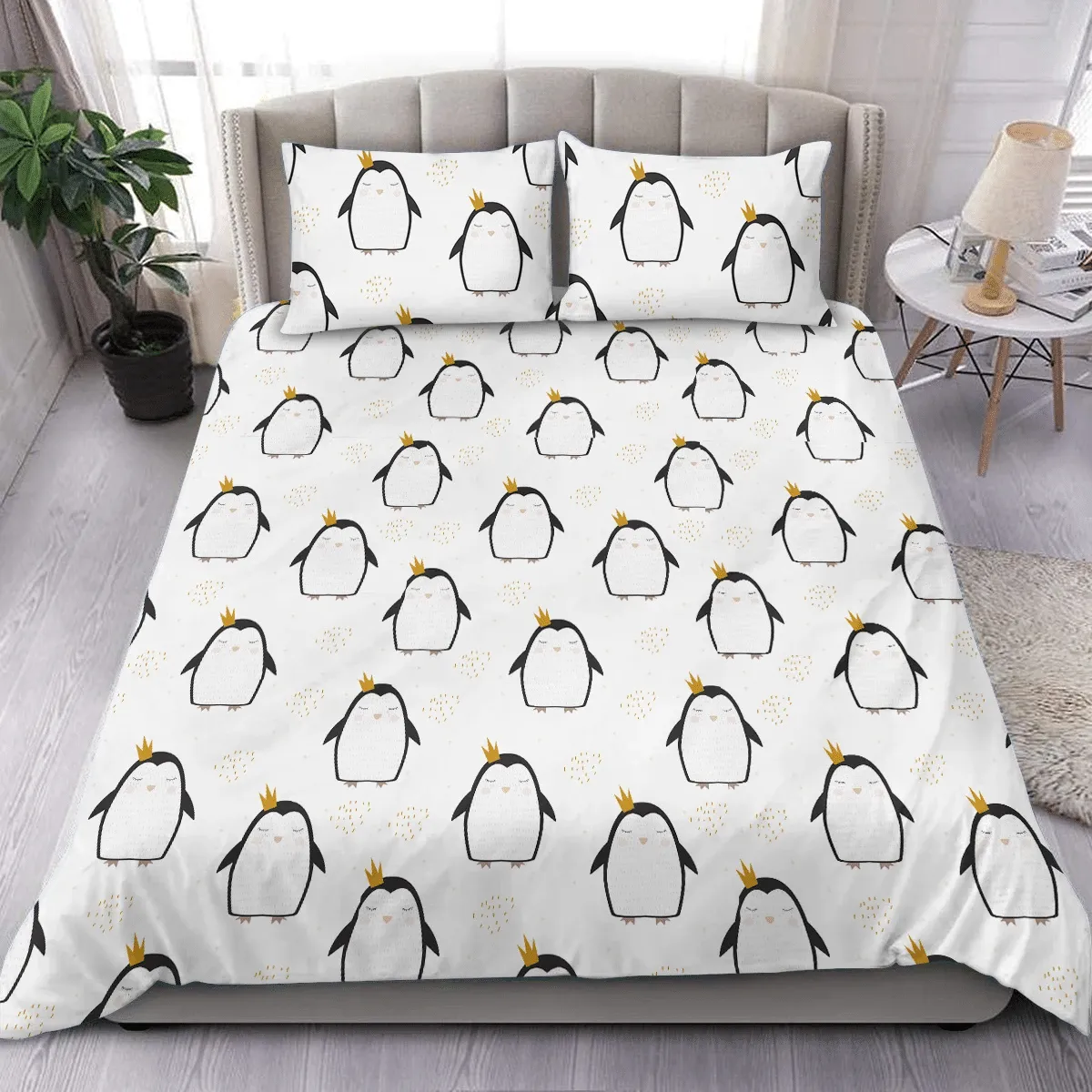 Christmas Winter With Cute Gold Penguin Princess Duvet Cover Bedding Set Bedroom Decor
