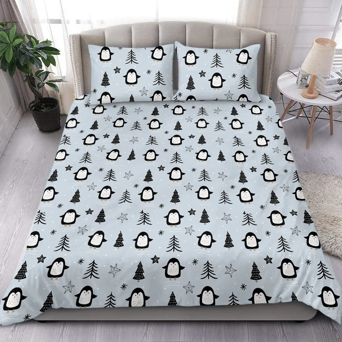 Christmas Winter With Cute Penguin And Tree Duvet Cover Bedding Set Bedroom Decor