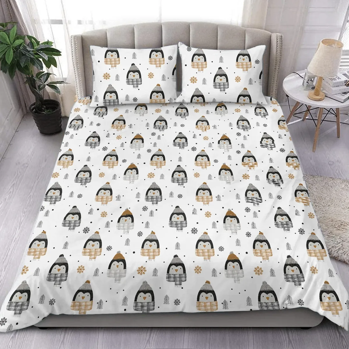 Christmas Winter With Face Penguins Hand Drawn Duvet Cover Bedding Set Bedroom Decor