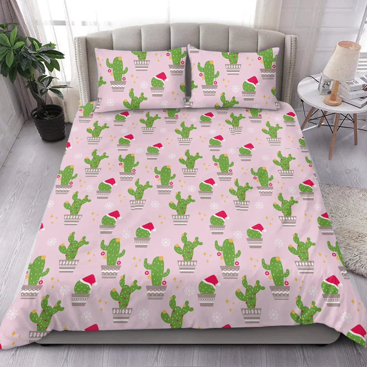 Christmas With Cute Cactus And Pastel Pink Background Duvet Cover Bedding Set Bedroom Decor