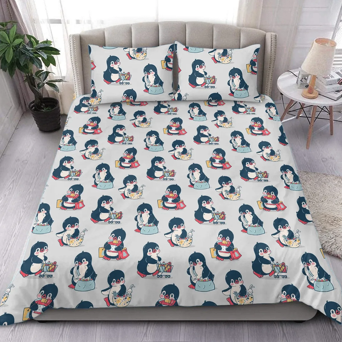 Christmas With Cute Penguins In The Shop Duvet Cover Bedding Set Bedroom Decor