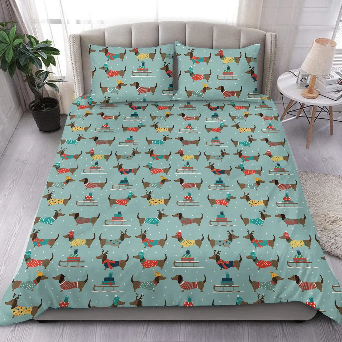 Christmas With Dachshunds Wearing Hats And Clothes On Blue Duvet Cover Bedding Set Bedroom Decor