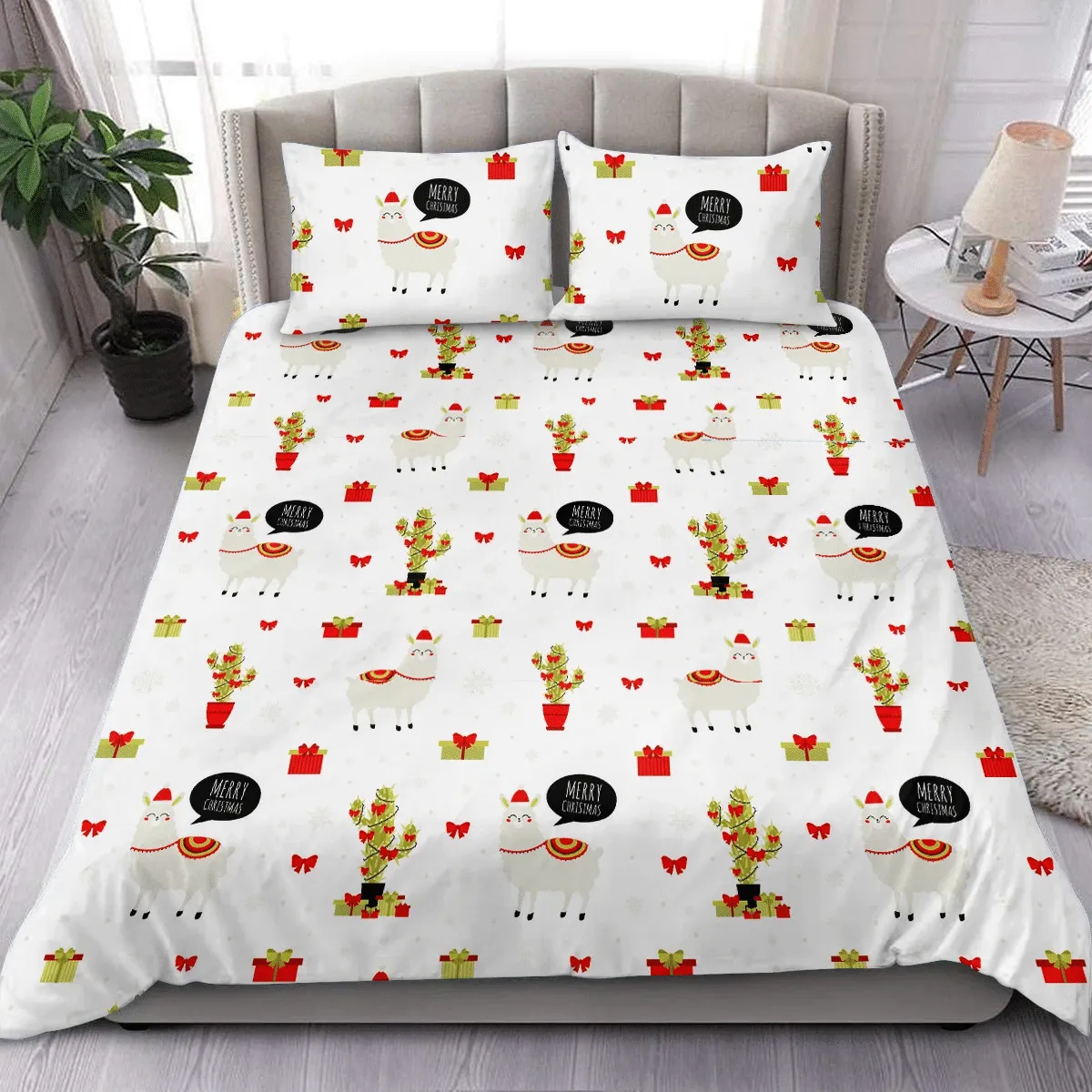 Christmas With Llama Cactus And Gift Boxes Duvet Cover Bedding Set Bedroom Decor