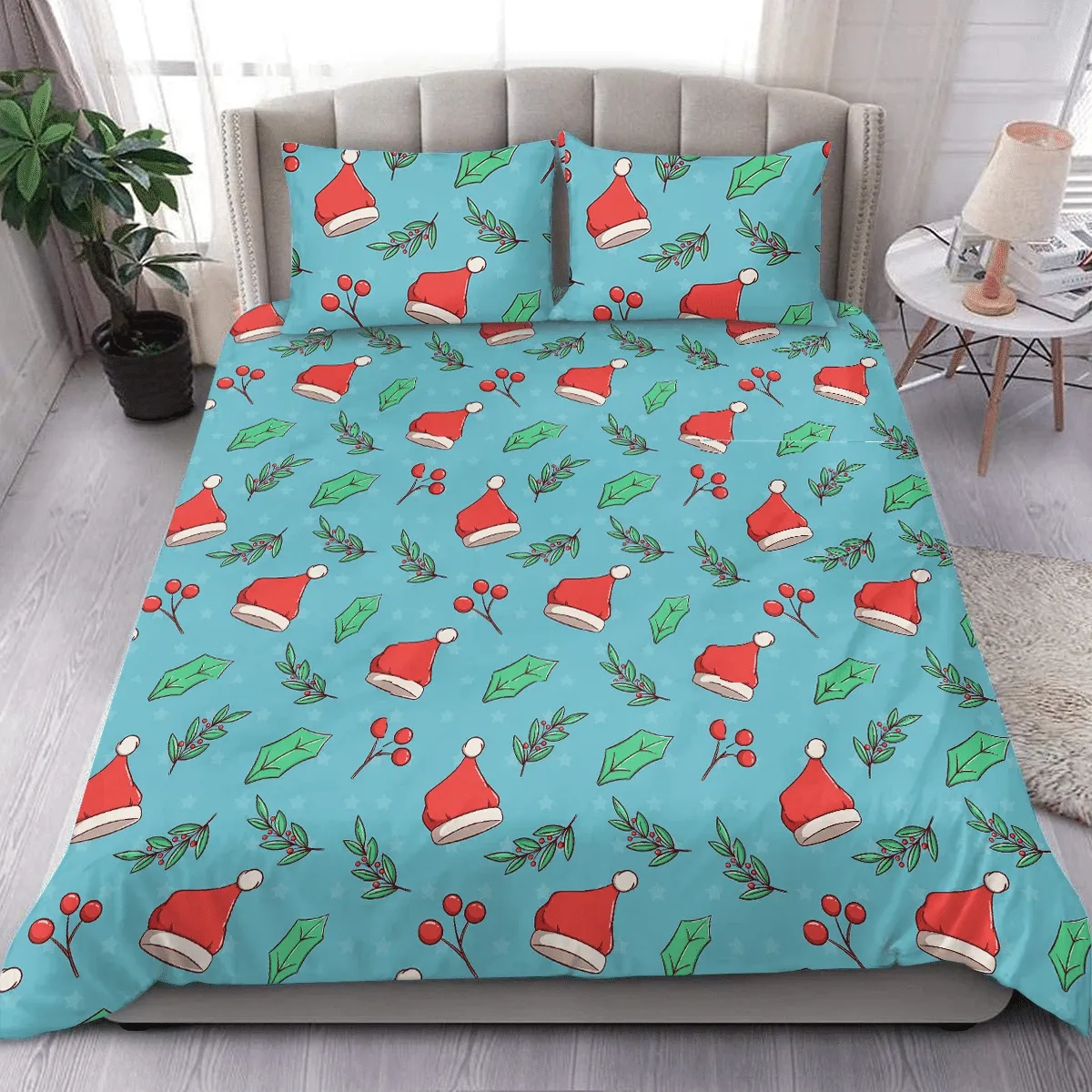Chrstmas Cute Santa Hat And Floral Christmas Duvet Cover Bedding Set Bedroom Decor