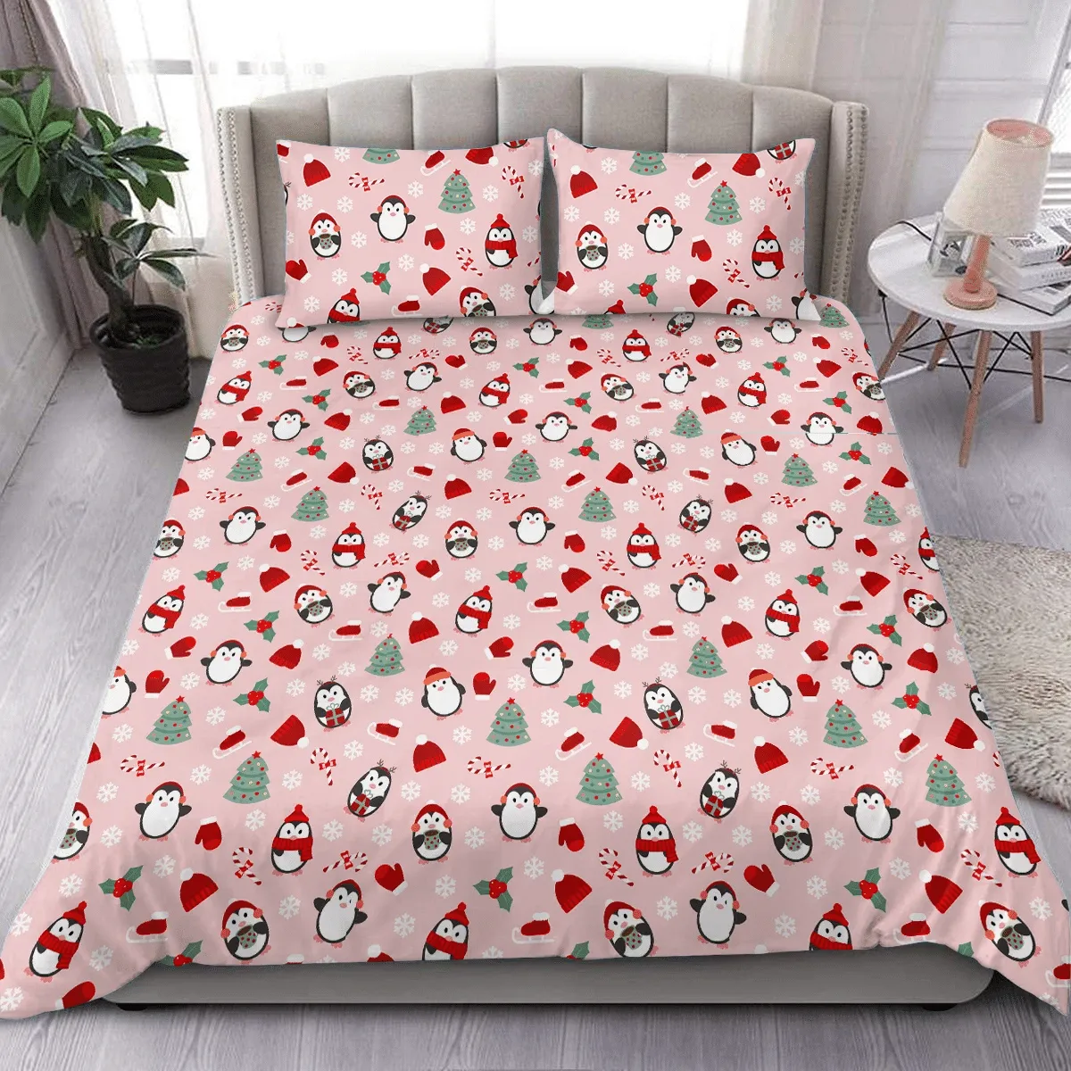 Chubby Penguin Winter Clothing And Snowflakes Holly Berries Christmas Duvet Cover Bedding Set Bedroom Decor