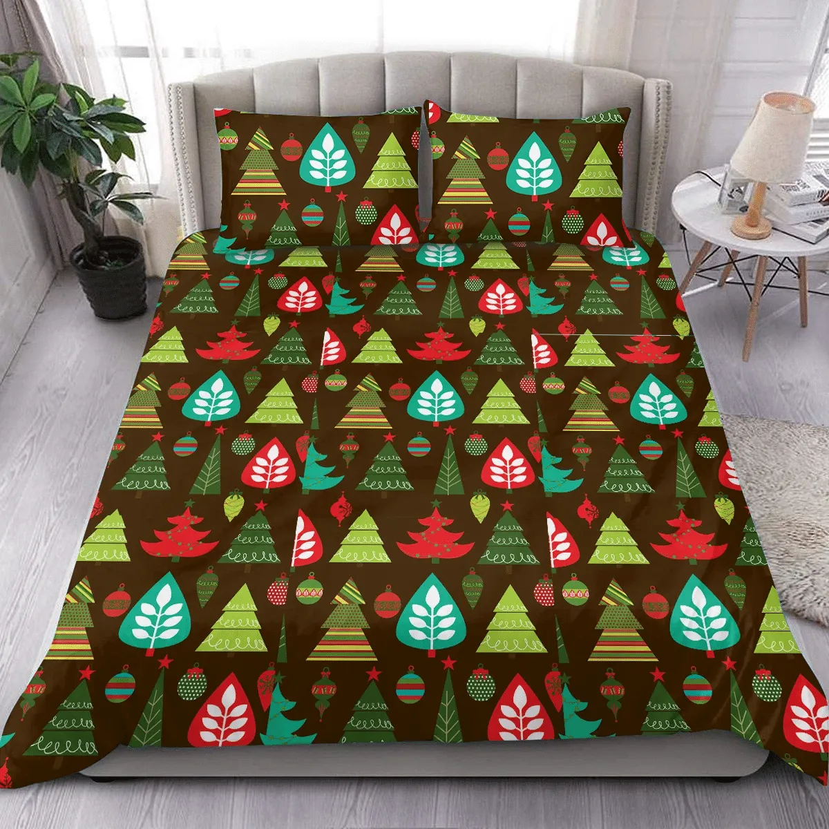 Colorful Christmas Trees And Light Balls Duvet Cover Bedding Set Bedroom Decor