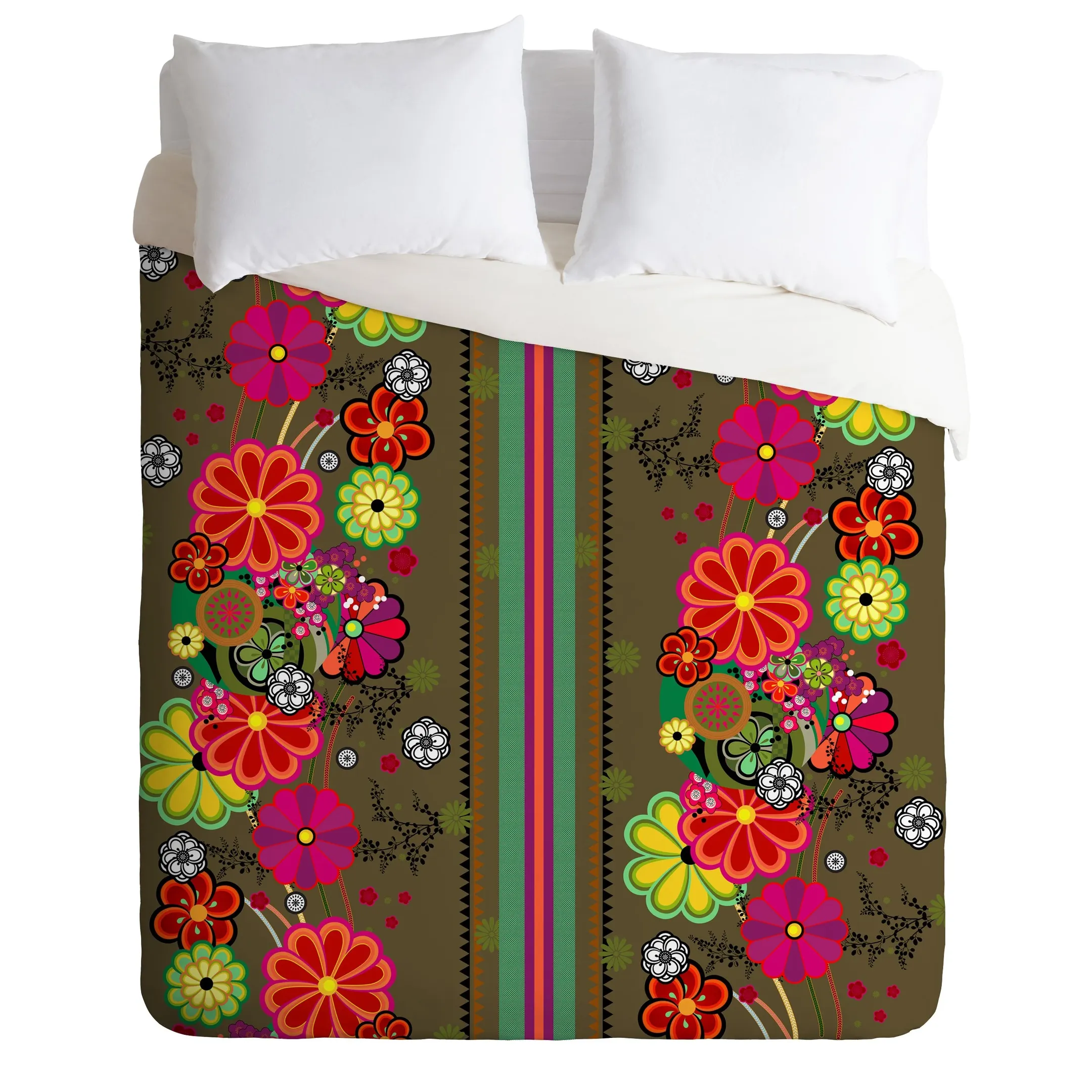 Colorful Flowers Stripes Duvet Cover Bedding Set Bedroom Decor