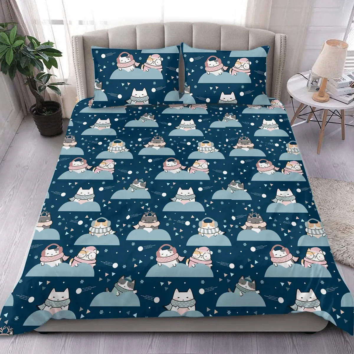 Couple Cat Playing Winter Christmas Duvet Cover Bedding Set Bedroom Decor