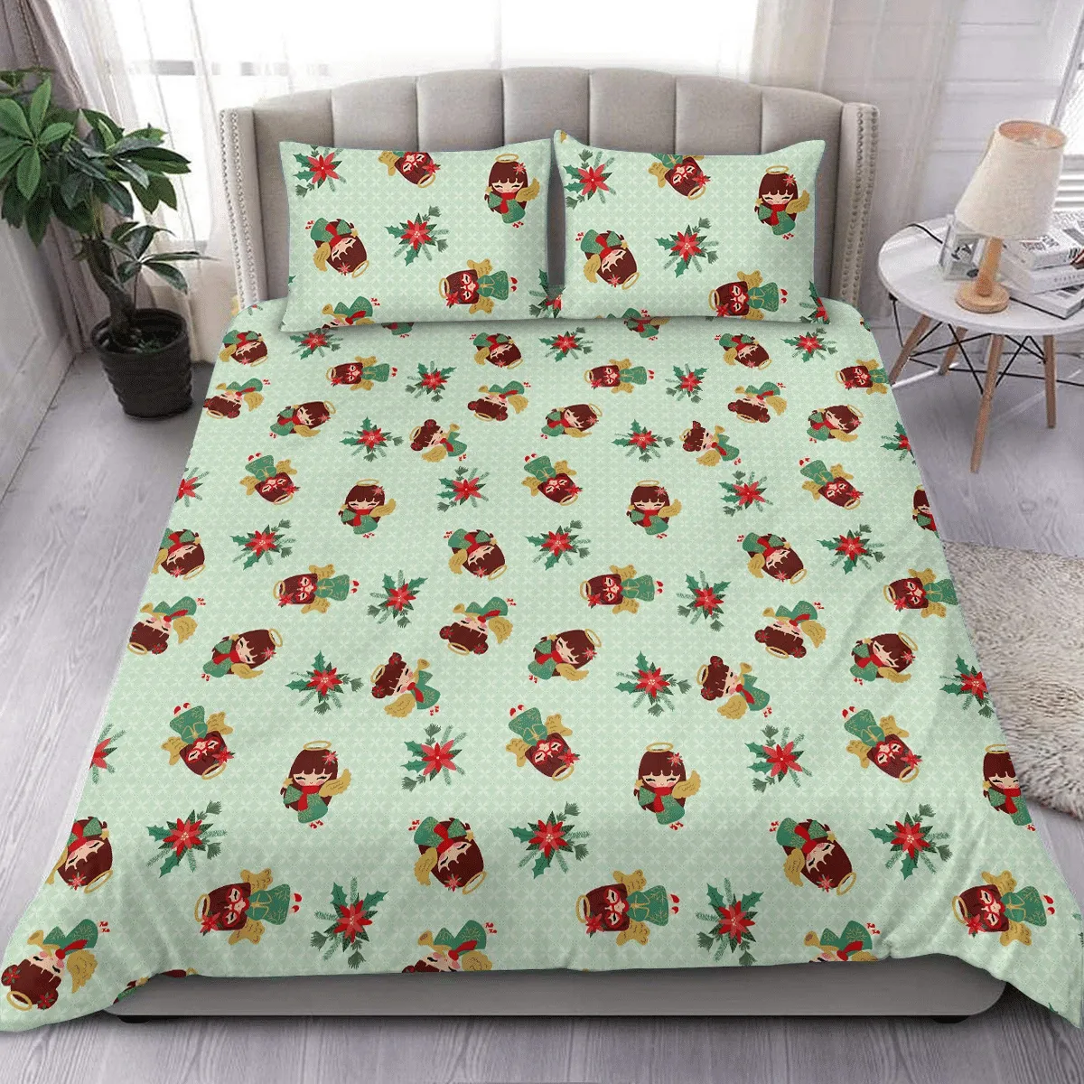 Cute Angels Christmas Floral Duvet Cover Bedding Set Bedroom Decor
