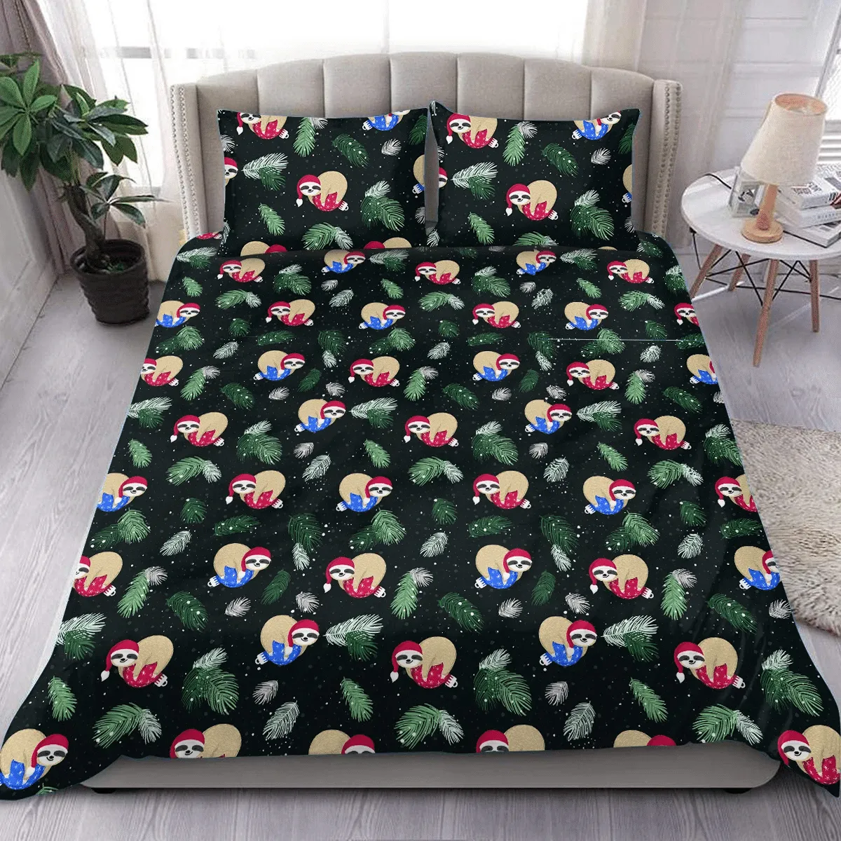 Cute Baby Sloths Sleeping On Red Xmas Ball Christmas Duvet Cover Bedding Set Bedroom Decor