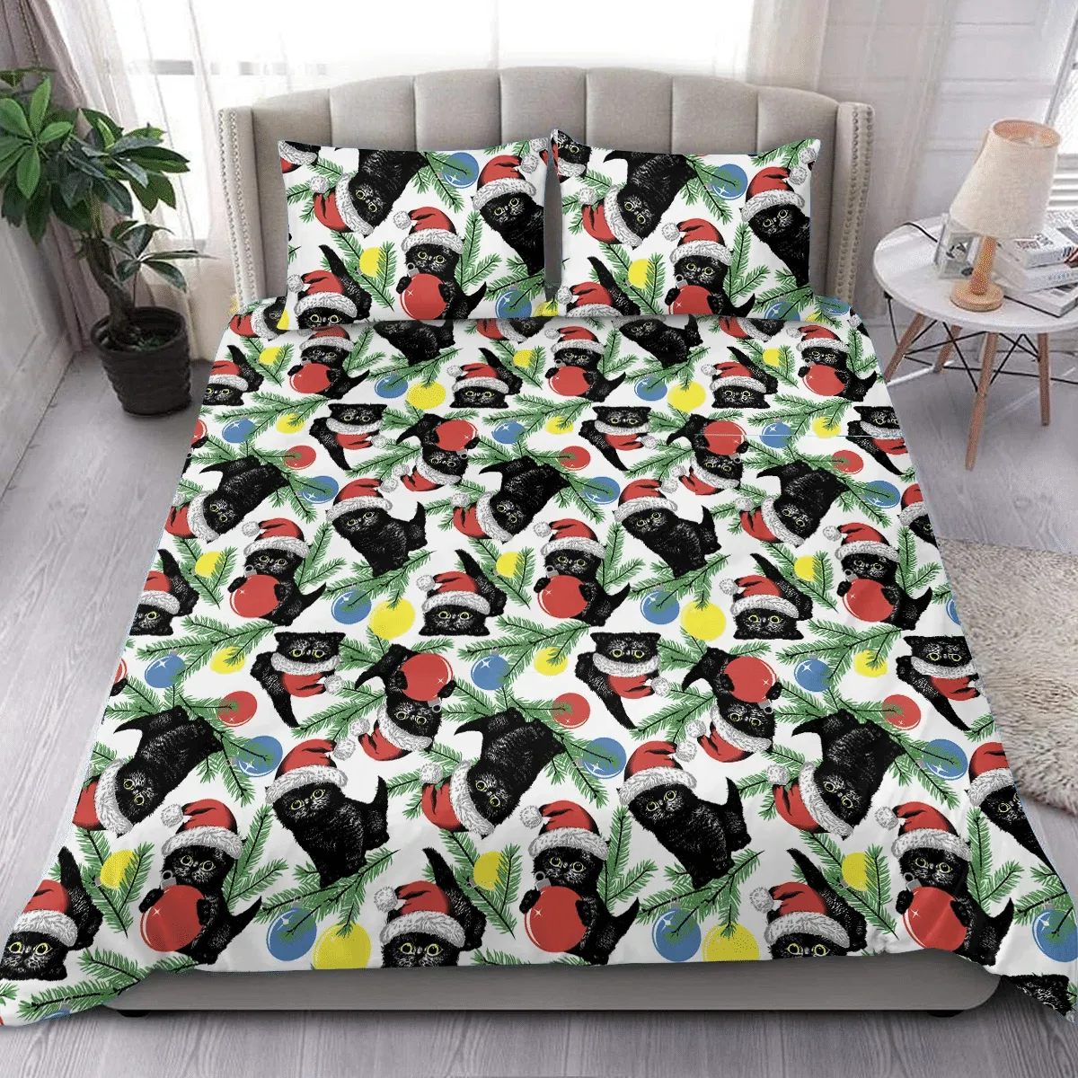 Cute Black Kitten Santa Hat Hold Christmas Balls Tree Branch Duvet Cover Bedding Set Bedroom Decor