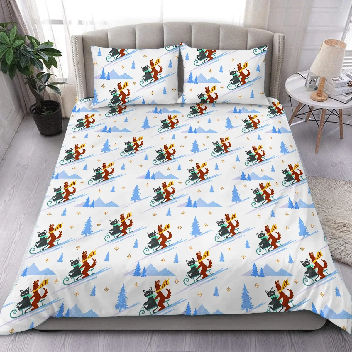 Cute Cat Dog Winter Christmas Duvet Cover Bedding Set Bedroom Decor