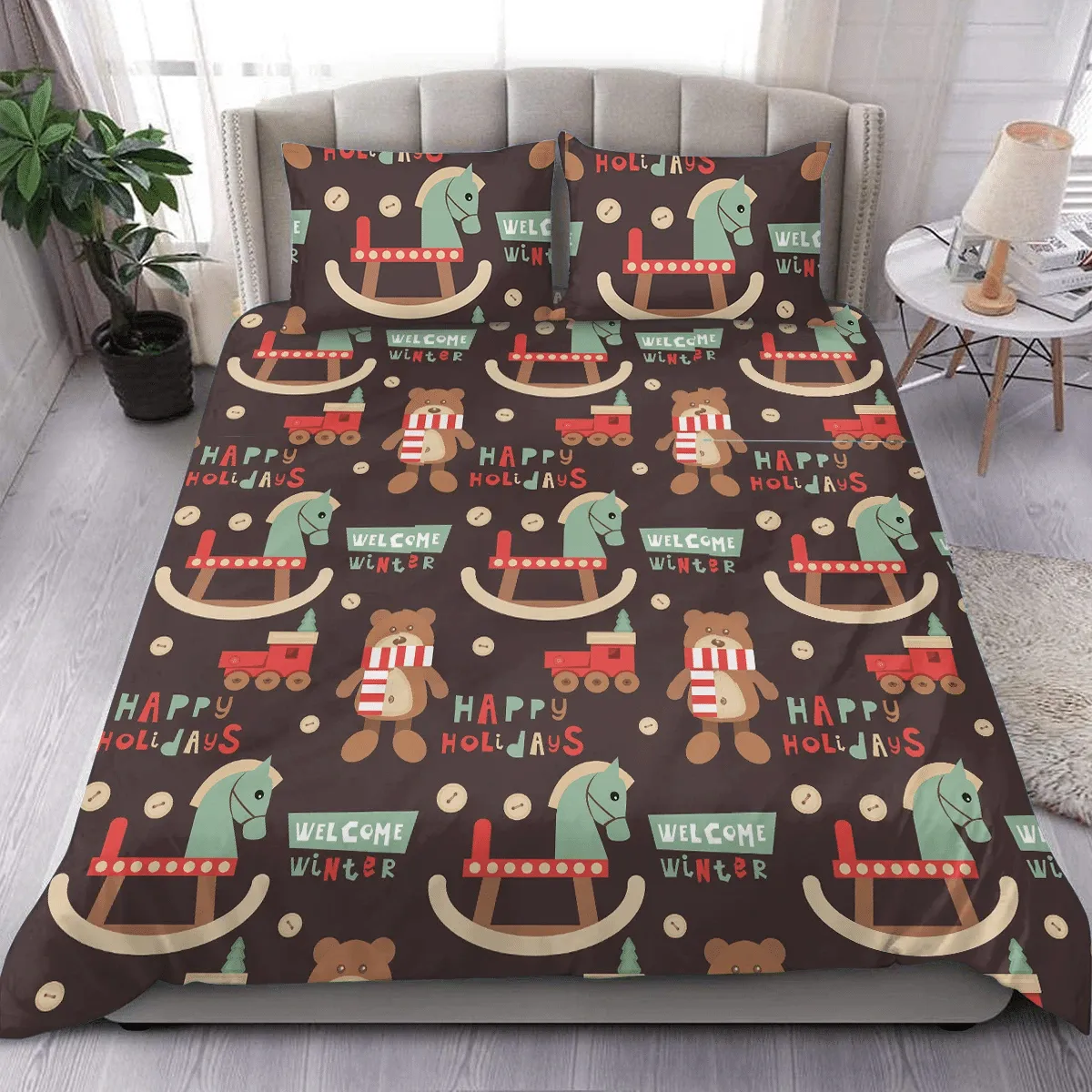 Cute Christmas Characters And Objects Wooden Toys Lettering Train Duvet Cover Bedding Set Bedroom Decor