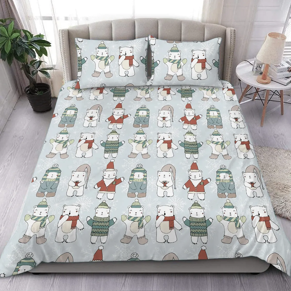 Cute Polar Bears With Scarf On Blue Snowflake Background Christmas Duvet Cover Bedding Set Bedroom Decor
